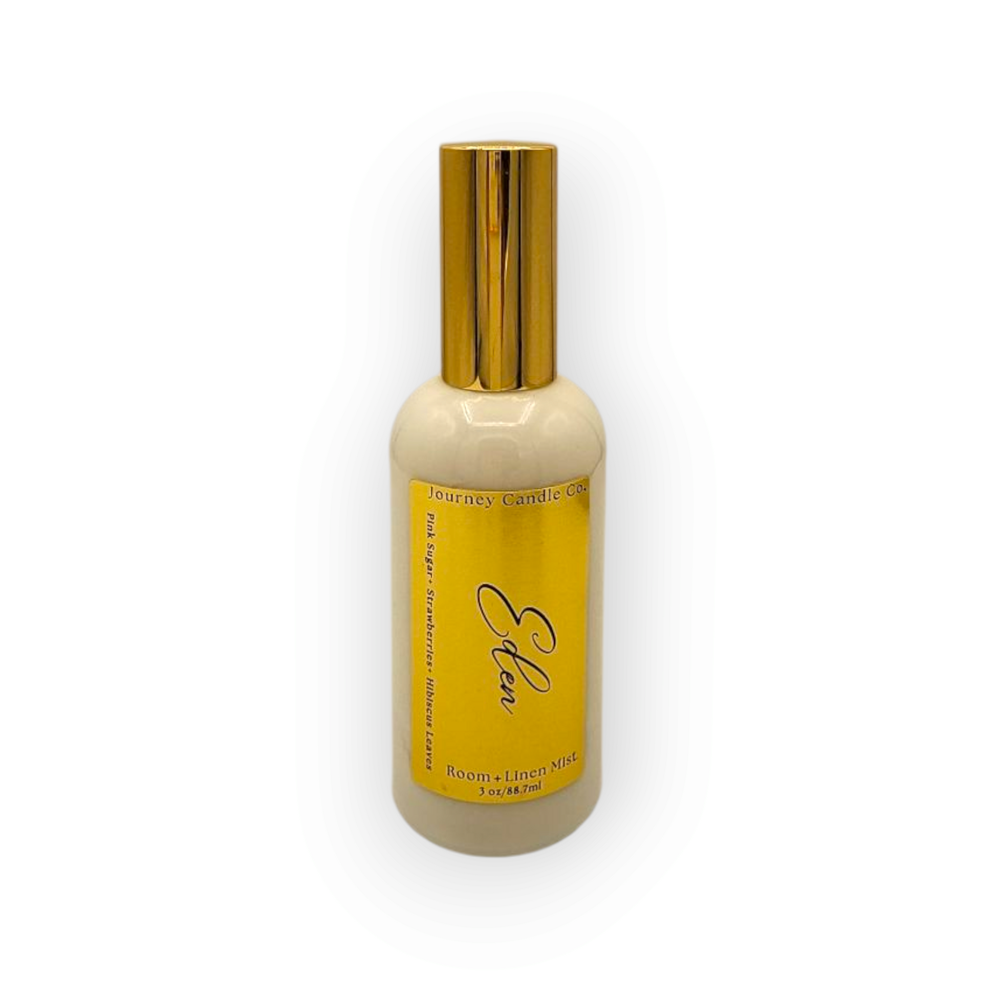 Journey Candle Co. Eden Room + Linen Spray – A sweet and feminine blend of pink sugar, ripe strawberries, and hibiscus leaves. Presented in a white glass bottle with a sleek gold fine mist lid, this elegant home fragrance refreshes and uplifts any space.