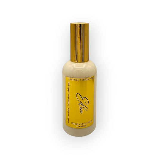 Journey Candle Co. Eden Room + Linen Spray – A sweet and feminine blend of pink sugar, ripe strawberries, and hibiscus leaves. Presented in a white glass bottle with a sleek gold fine mist lid, this elegant home fragrance refreshes and uplifts any space.