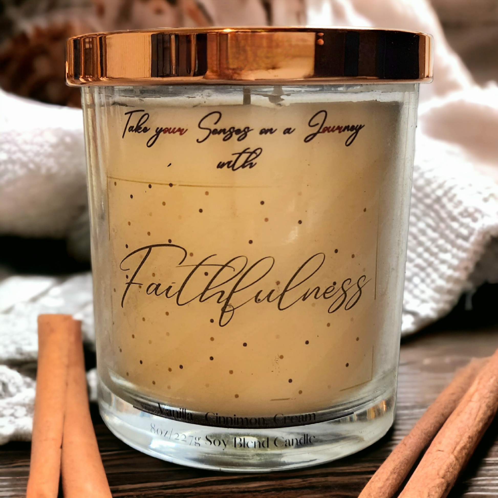 Faithfulness 8 oz scented candle with warm vanilla, spiced cinnamon, and creamy notes – hand-poured in a clear glass jar with a gold lid