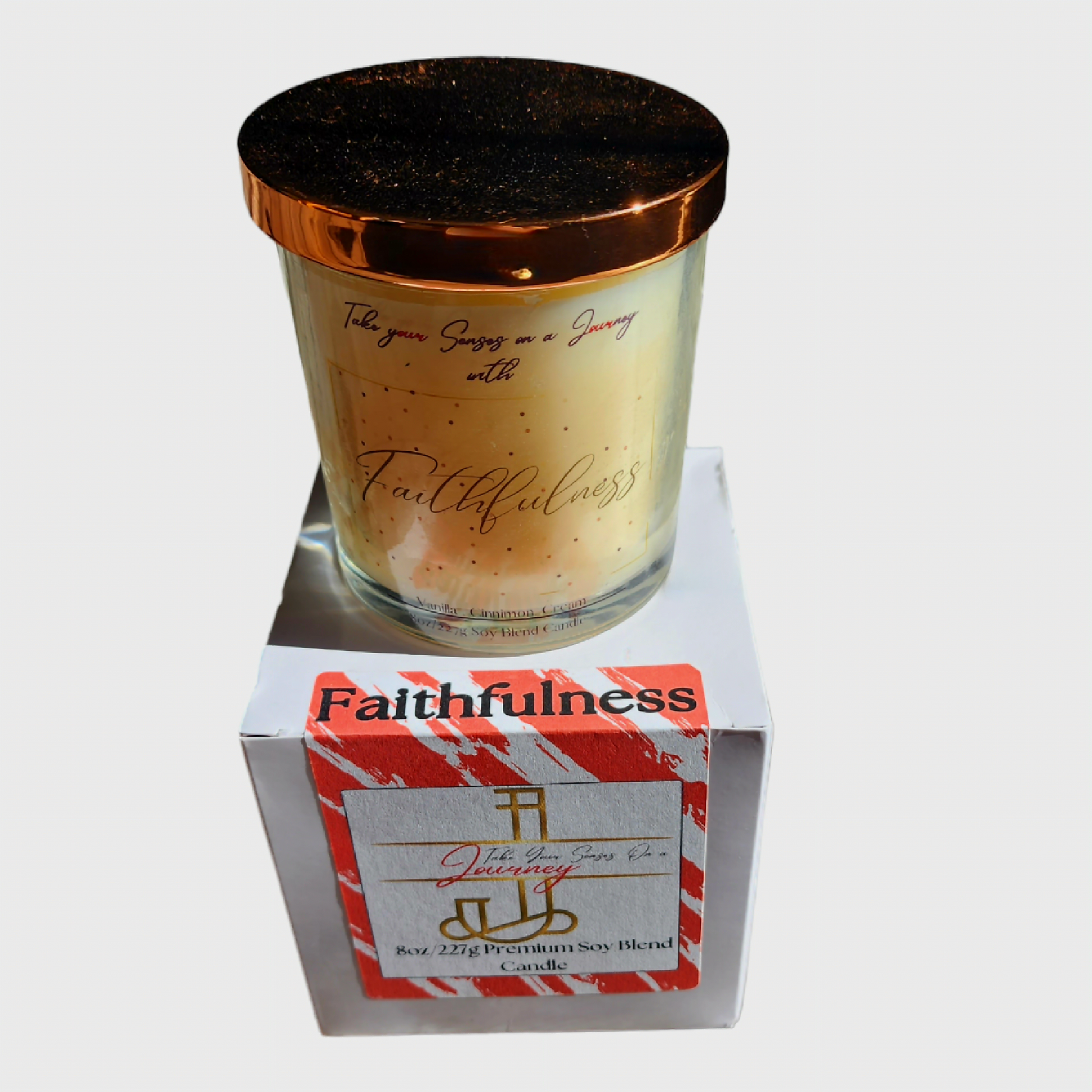 Faithfulness 8 oz scented candle with warm vanilla, spiced cinnamon, and creamy notes – hand-poured in a clear glass jar with a gold lid