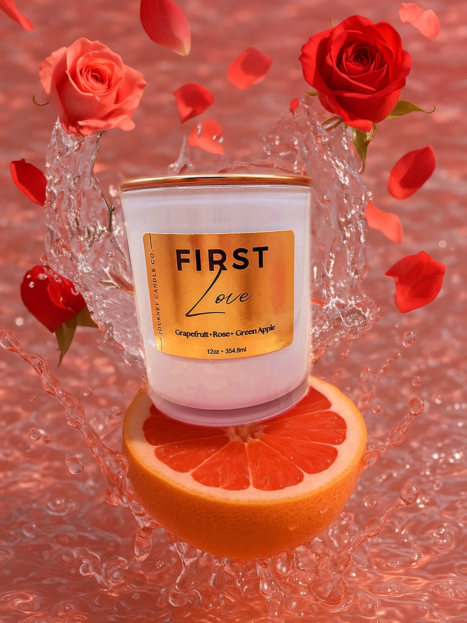 First Love 12 oz soy candle by Journey Candle Co. – a bright, romantic blend of grapefruit, green apple, and soft rose in a white jar with gold lid.