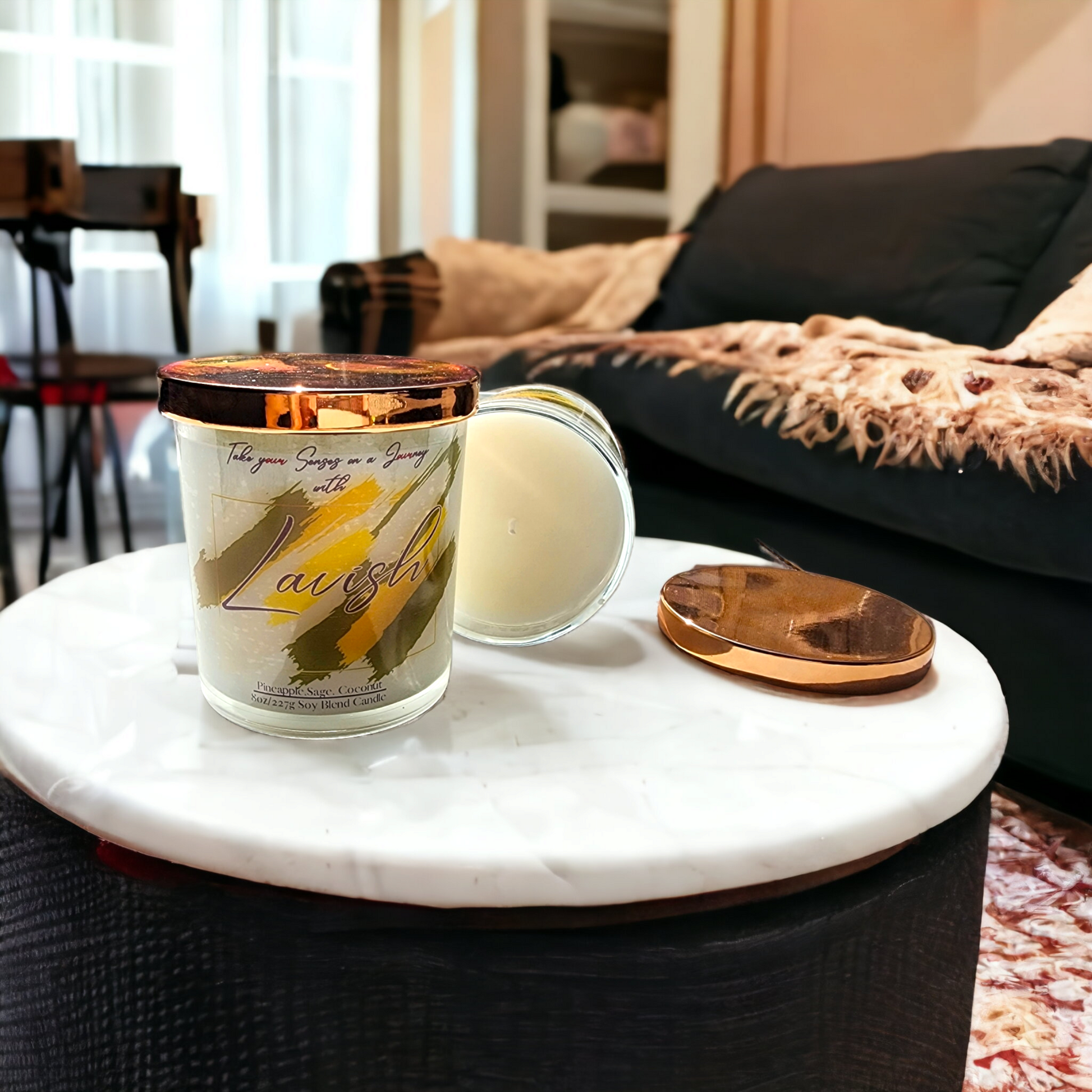 Lavish 8 oz soy wax blend candle with tropical pineapple sage and creamy coconut, hand-poured in a luxury glass jar with a sleek gold lid.