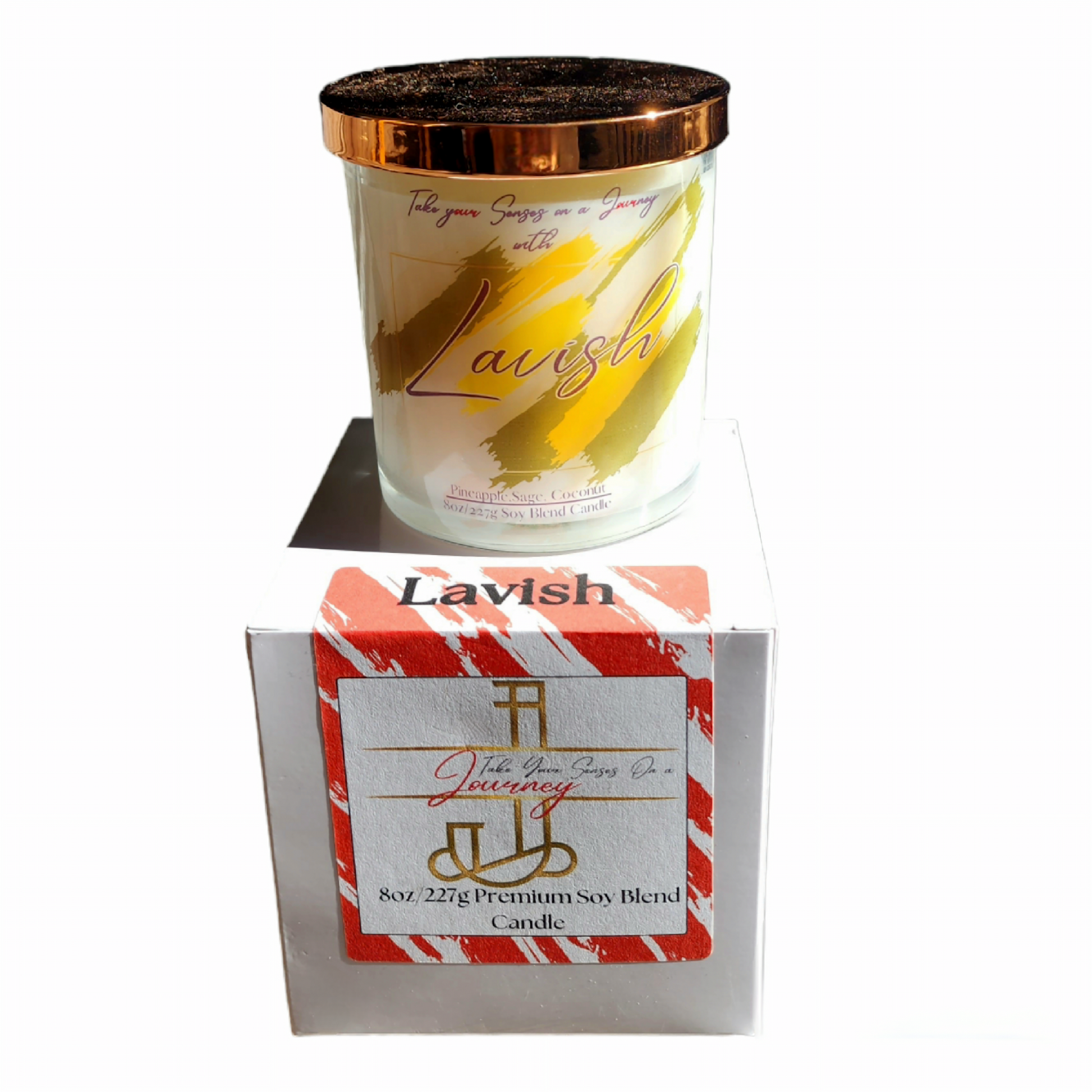 Lavish 8 oz soy wax blend candle with tropical pineapple sage and creamy coconut, hand-poured in a luxury glass jar with a sleek gold lid and gift box.