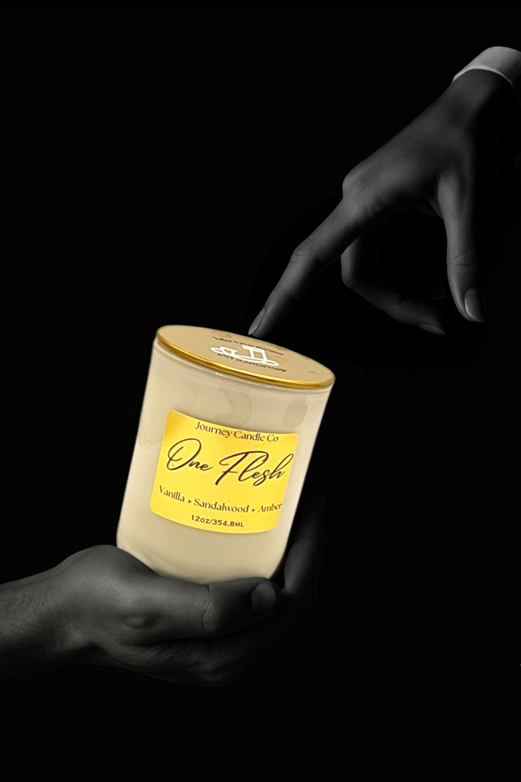 One Flesh 12 oz soy candle by Journey Candle Co. – warm blend of vanilla, sandalwood, and amber in white jar with gold lid. Romantic, long-lasting home fragrance perfect for cozy spaces or gifting.