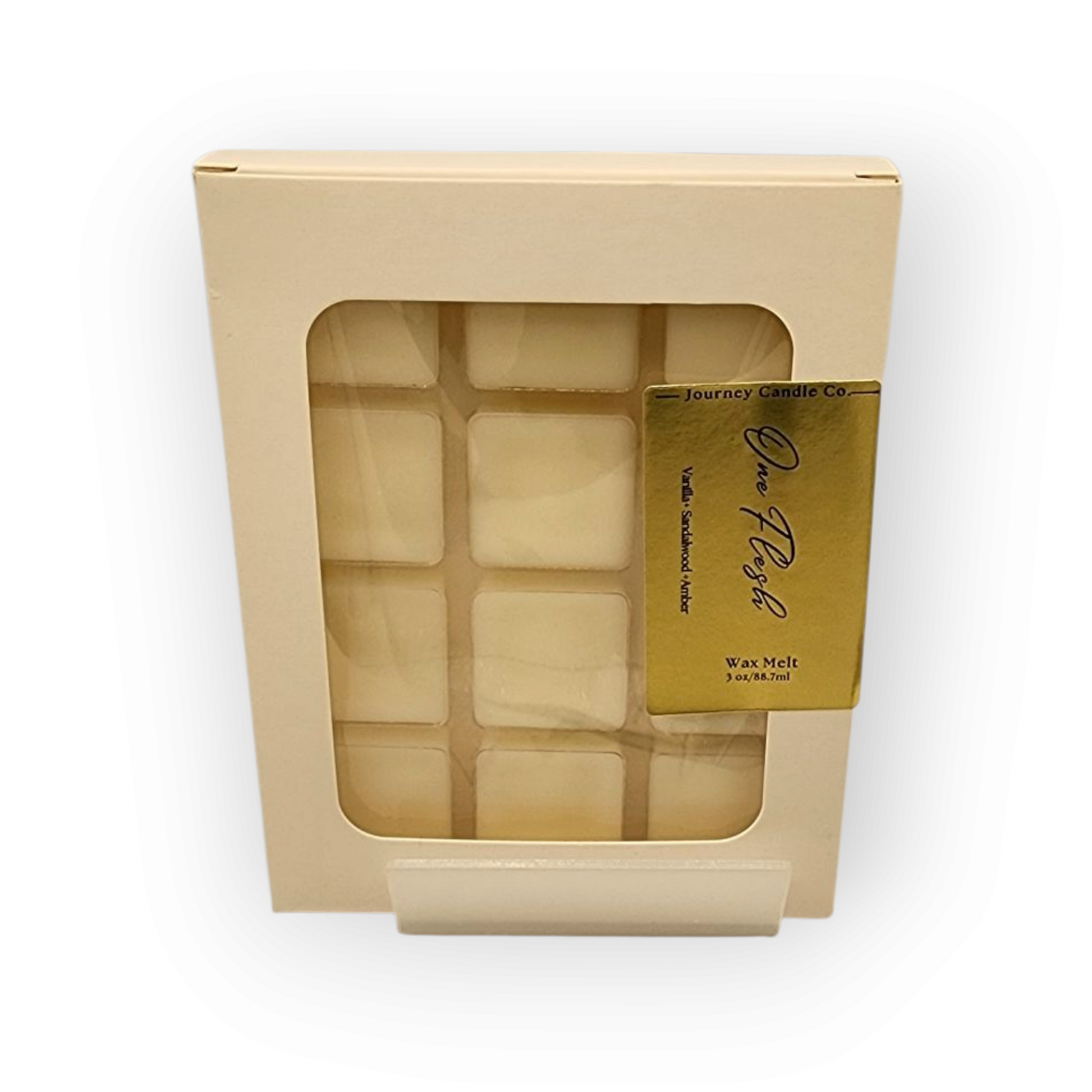 One Flesh wax melts by Journey Candle Co. – vanilla, sandalwood, and amber scented soy wax in elegant cream packaging. Cozy, romantic fragrance for home, spa, or gift use.