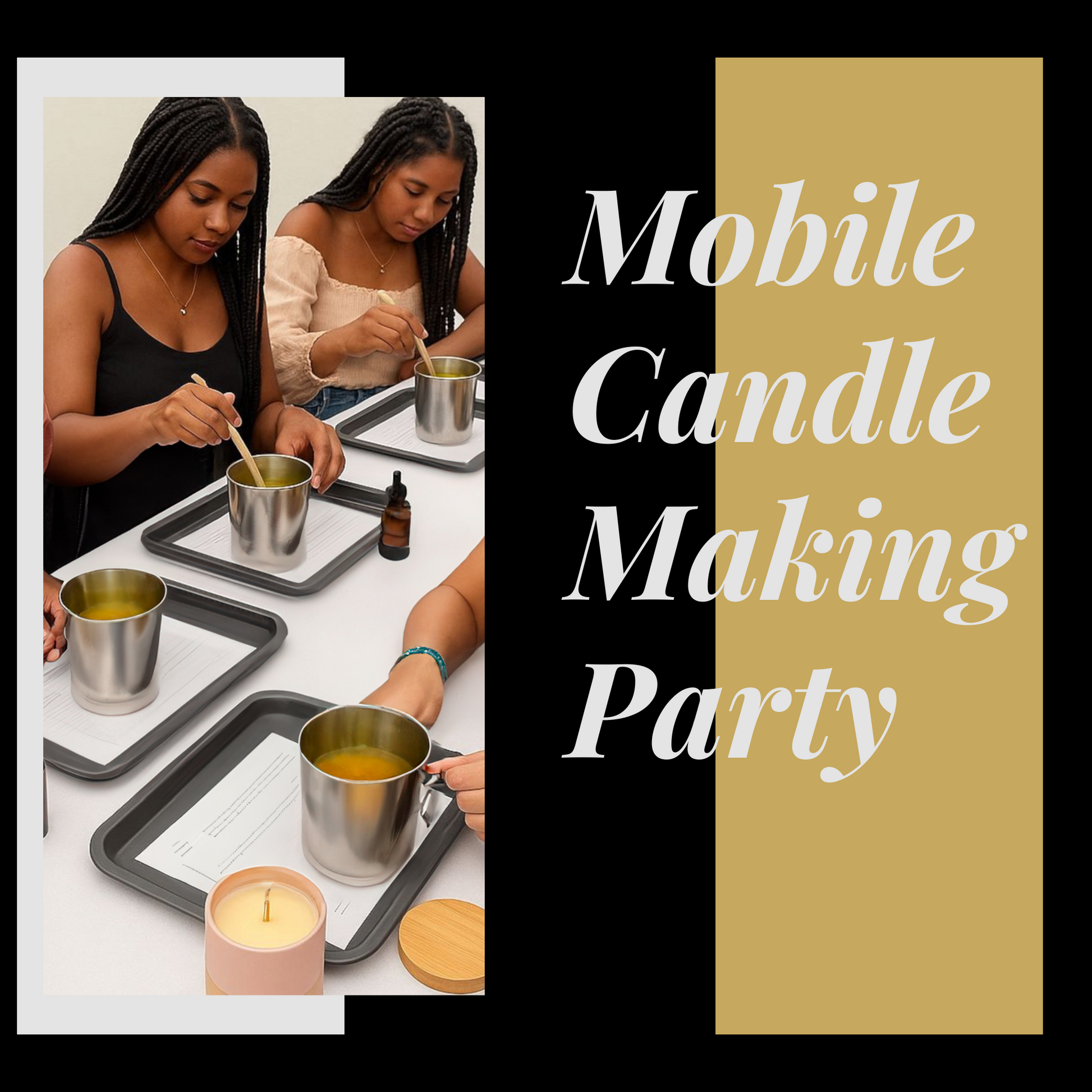 Women creating custom candles at a Journey Candle Co. mobile candle-making party in Southern California. Hands-on workshop experience featuring fragrance blending and soy wax pouring