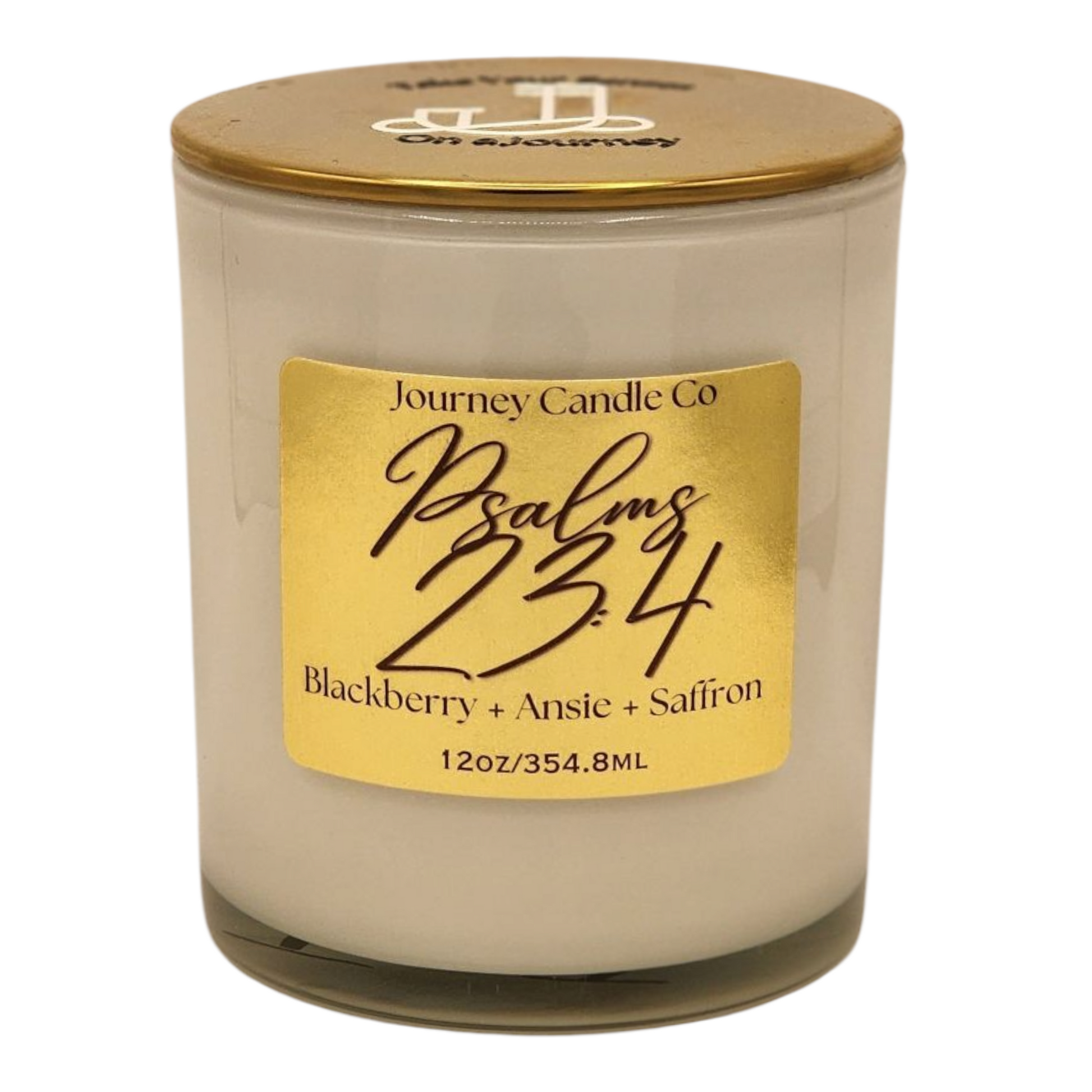 Psalms 23:4 12 oz soy candle by Journey Candle Co. – blackberry, anise, and saffron scented luxury candle in white glass jar with gold lid. Long-lasting fragrance for home decor or gifting.