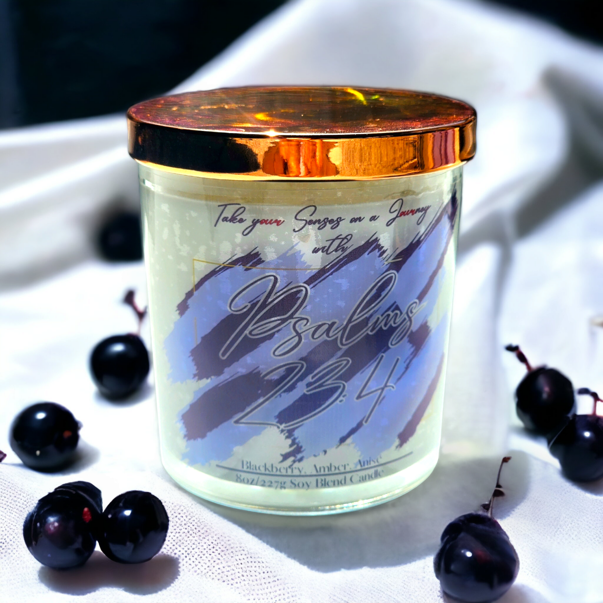 Psalms 23:4 8 oz soy wax blend candle in a clear glass jar with gold lid – hand-poured with notes of blackberry, amber, and anise.
