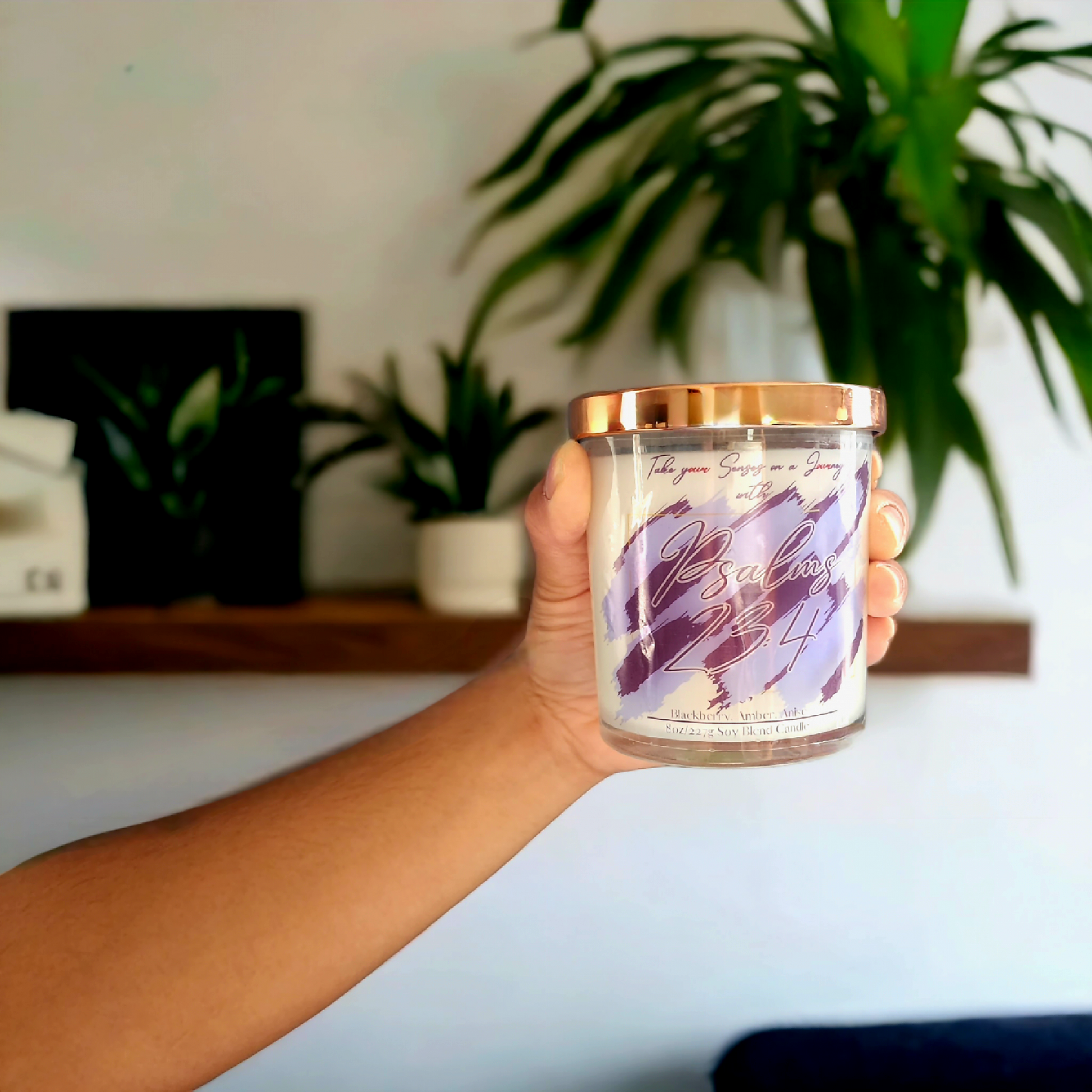 Psalms 23:4 8 oz soy wax blend candle in a clear glass jar with gold lid – hand-poured with notes of blackberry, amber, and anise
