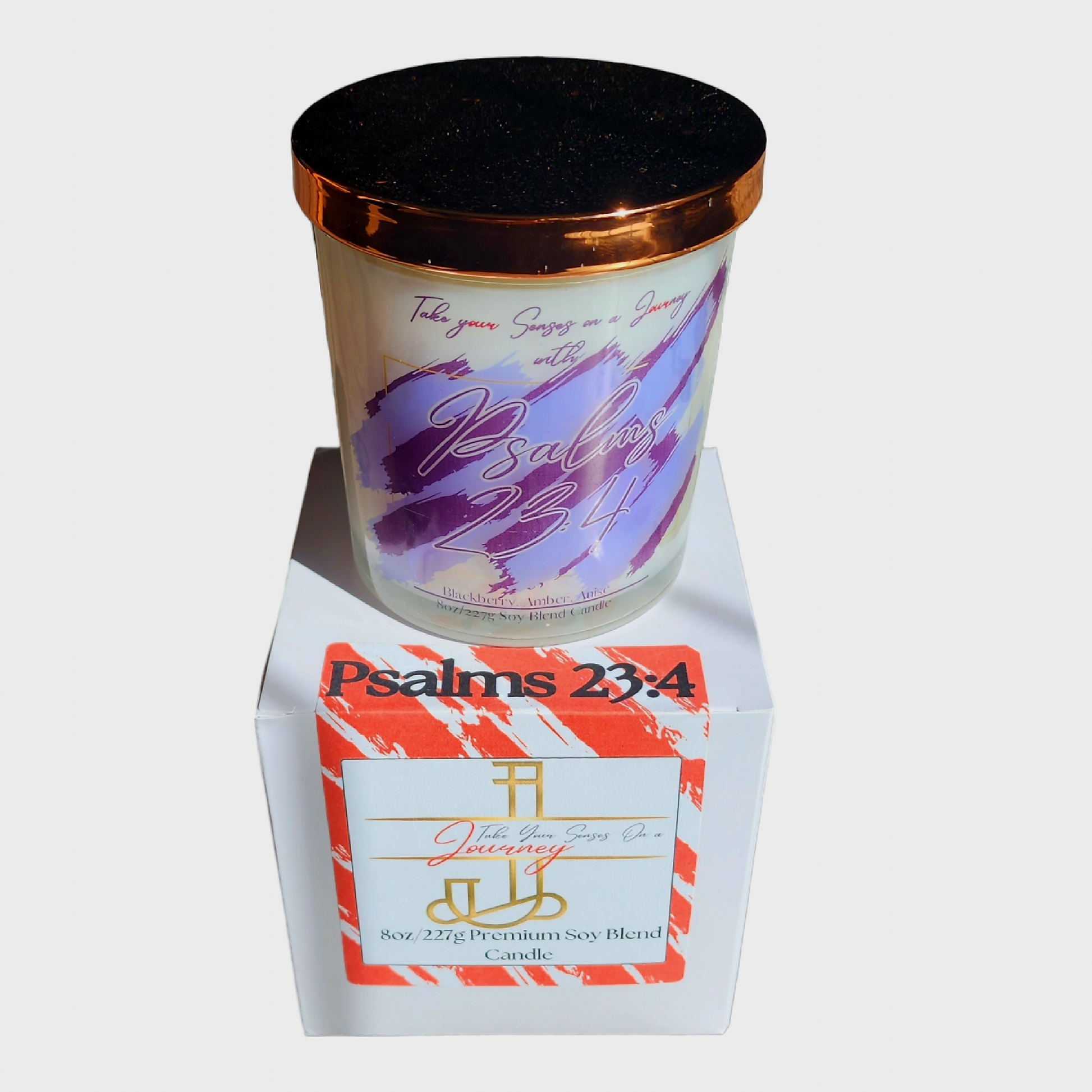 Psalms 23:4 8 oz soy wax blend candle in a clear glass jar with gold lid – hand-poured with notes of blackberry, amber, and anise