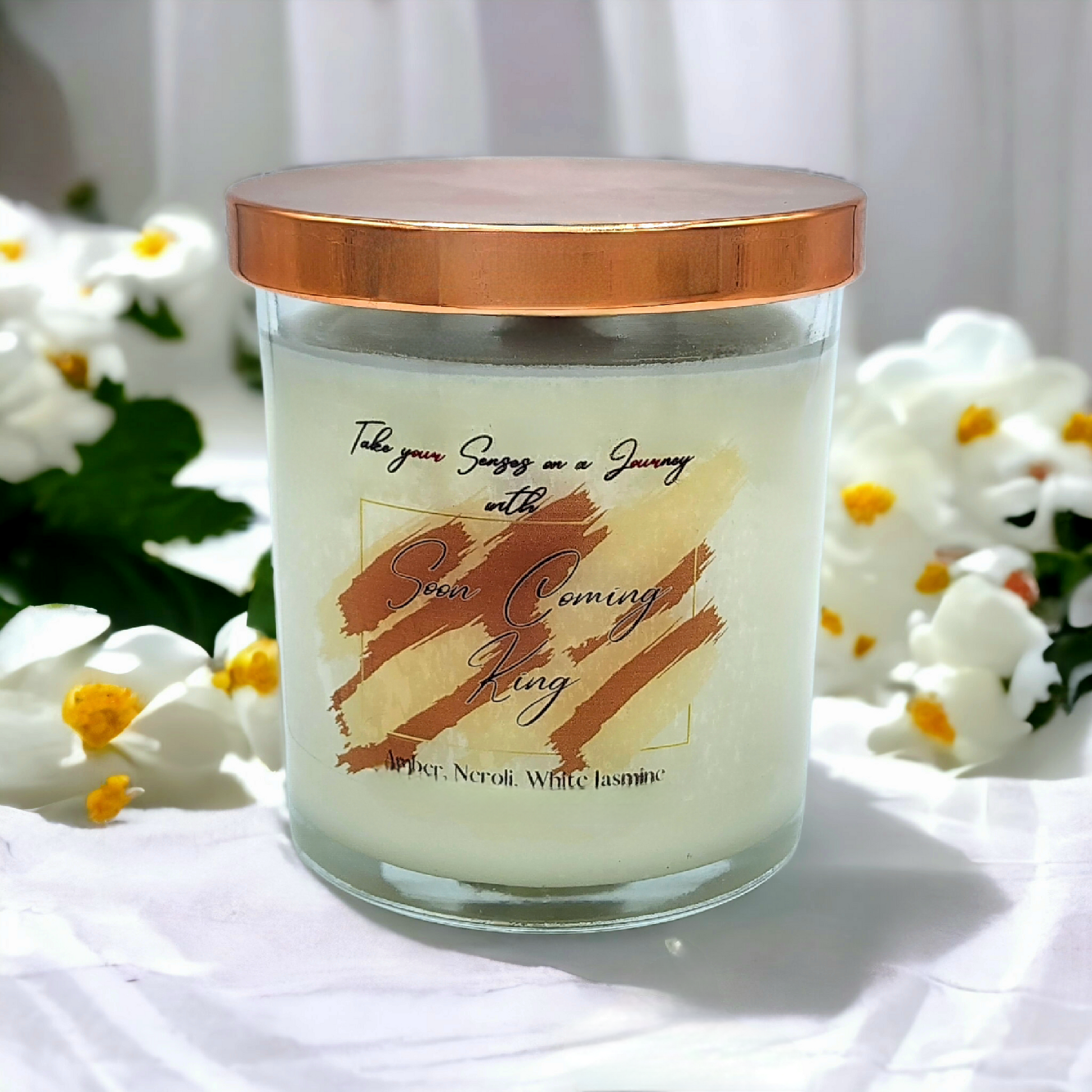 8 oz scented candle with elegant notes of amber, neroli, and white jasmine – hand-poured soy wax in a clear glass jar with a gold lid