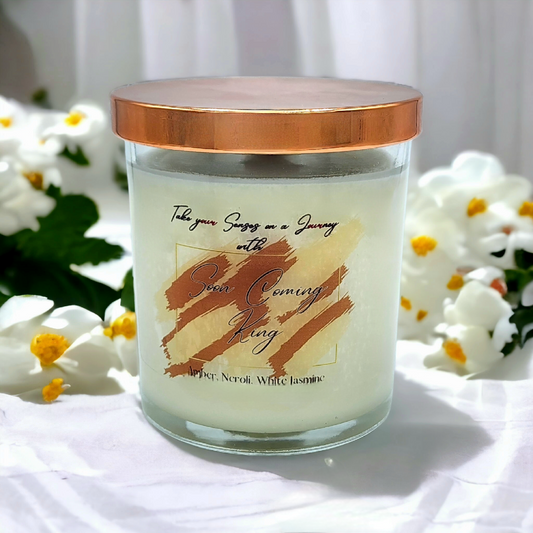 8 oz scented candle with elegant notes of amber, neroli, and white jasmine – hand-poured soy wax in a clear glass jar with a gold lid