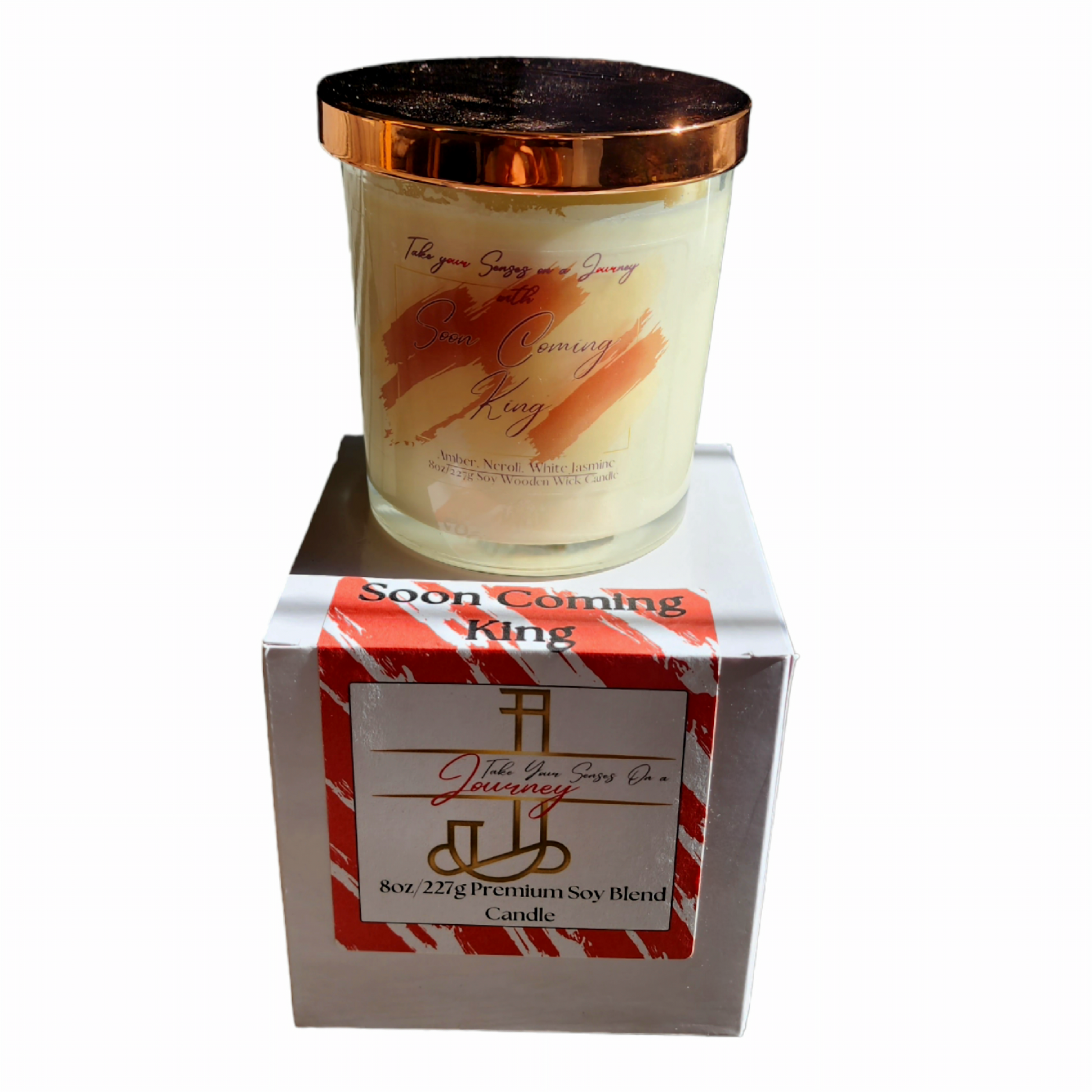 8 oz scented candle with elegant notes of amber, neroli, and white jasmine – hand-poured soy wax in a clear glass jar with a gold lid