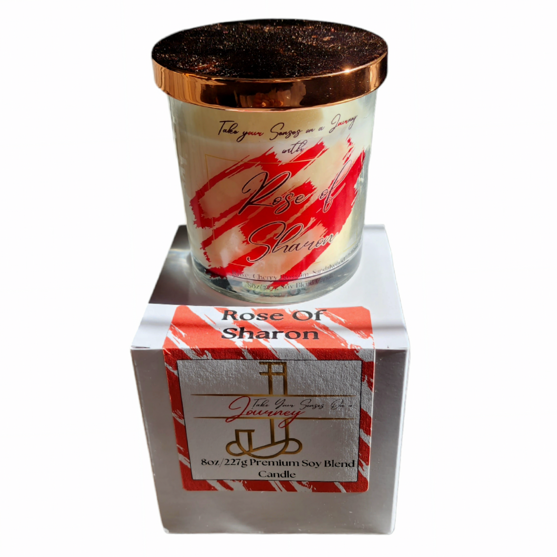 Rose of Sharon 8 oz scented candle with soft rose, delicate cherry blossom, and warm sandalwood – hand-poured in a clear glass jar with a gold lid