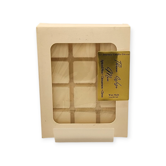 Three Wise Men wax melts by Journey Candle Co. – festive blend of spiced pine, cinnamon, and clove in cream packaging. Cozy, holiday-inspired fragrance, 3 oz.